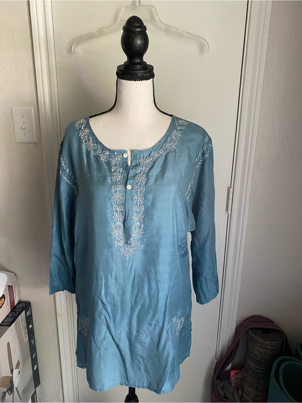 100% Silk Blue Embroidered Women's Tunic